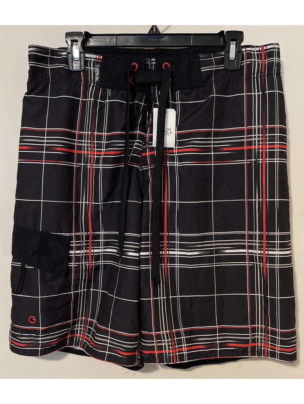 Carbon Mens Large Black Striped Drawstring-Waist Pull-On Swim Shorts NWT! A2812